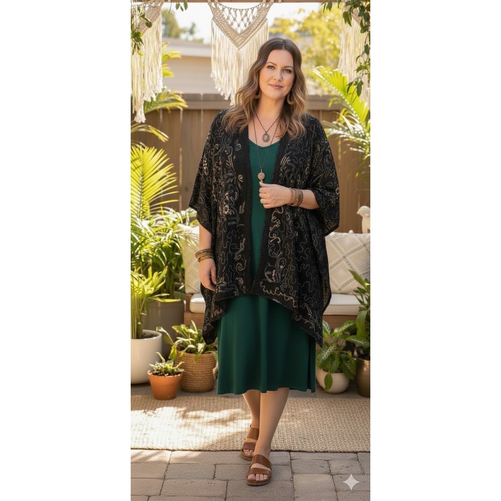 Chico's Kimono Wrap Women One Size Black Gold Embroidered Sequin Sheer Boho Chic